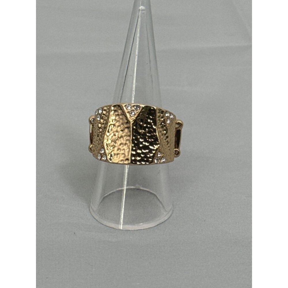 Gold-Tone Statement Ring With Rhinestones & Textured Detail